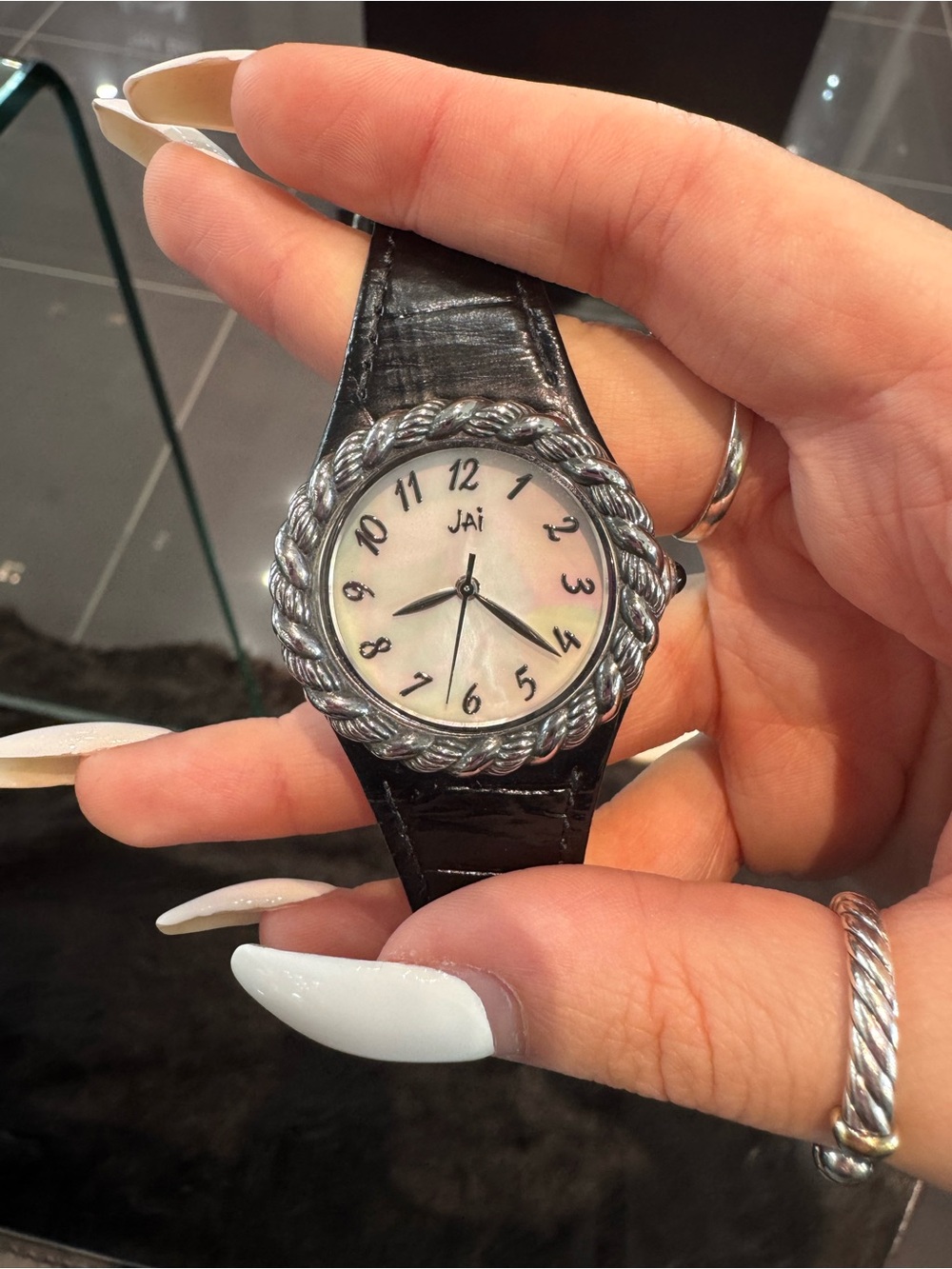 New JAI Silver Braided Cable Bezel MOP Tone Watch w/ black strap